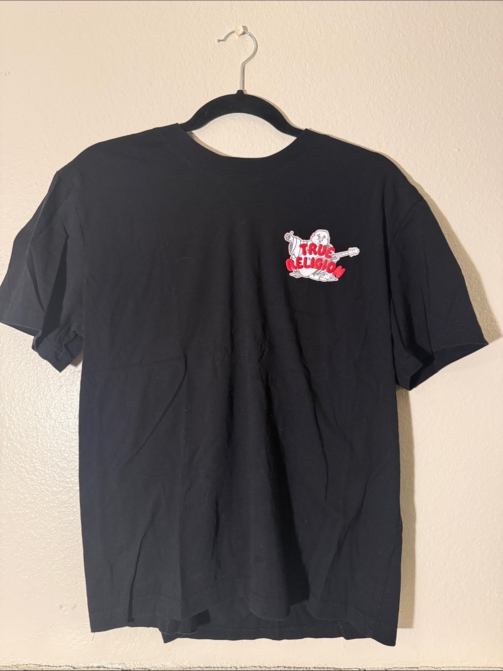 True Religion Black Short-Sleeve Tee with Red Logo Graphic